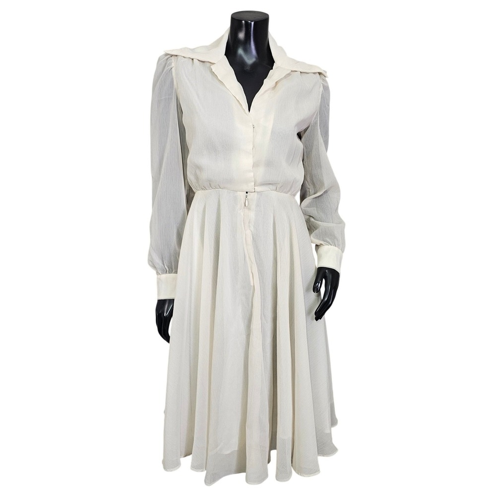 Vintage 70s Joseph Magnin Ivory Sheer Prairie Disco‎ Dress Glam Dagger Collar